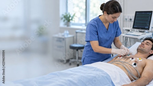 Nurse Applying ECG Electrodes to a Reclining Man Chest in a Bright Clinic