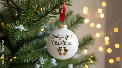 Personalized baby's first christmas ornament hanging on a festive tree