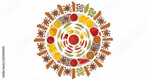 Spices vector mandala with cinnamon, star anise, and various herbs.