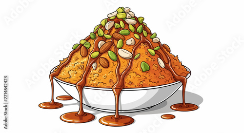 Soan papdi sweet vector illustration with nuts and chocolate syrup