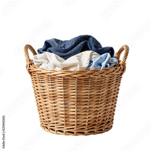 Woven wicker laundry basket filled with folded clothes in blue and white colors