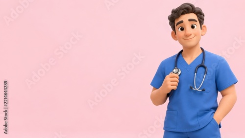 Friendly Male Doctor Character in Blue Scrubs against a Soft Pink Background