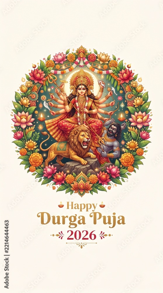 Fototapeta premium Goddess Durga on a lion with demon, framed by floral elements and text Happy Durga Puja 2026