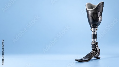 Below Knee Prosthetic Leg with Carbon Socket and Foot on a Blue Background