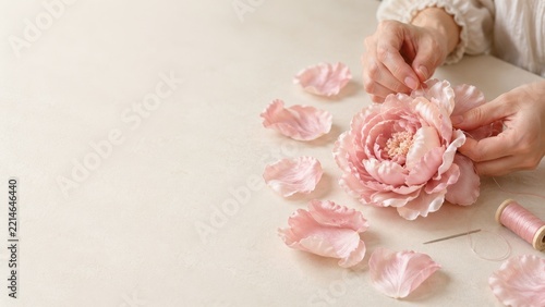 Hands Sewing a Pale Pink Fabric Peony with Loose Petals and Thread