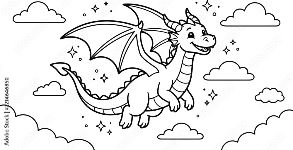Fototapeta premium Cute cartoon dragon flying among fluffy clouds line art illustration on a white background
