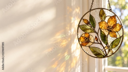Amber Floral Stained Glass Suncatcher Hanging beside a Bright Window