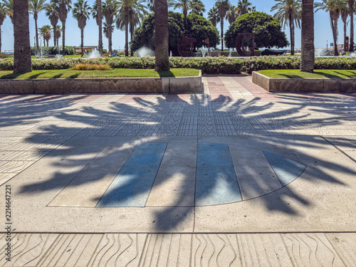 Palm tree shadows creating abstract patterns on promenade pavement
