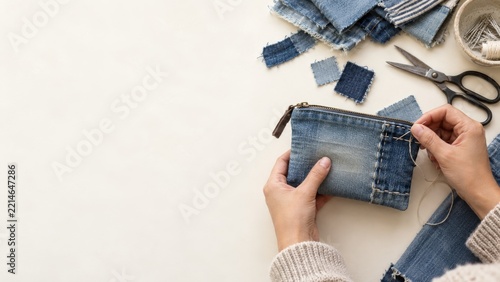Hand Stitching a Denim Zipper Pouch with Fabric Scraps and Scissors