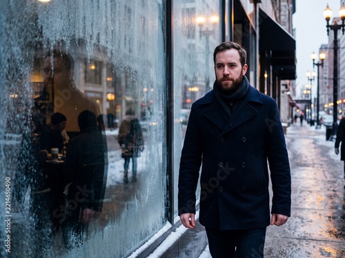 Man in dark coat walking in city street at night