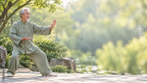 Senior man practicing gentle tai chi movements in a peaceful garden