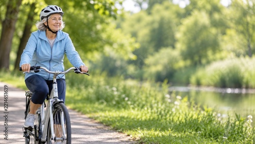 Senior woman cycling along a green park path wearing a safety helmet