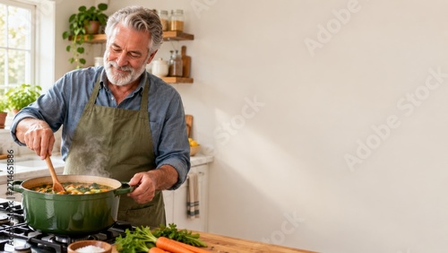 Senior man stirring vegetable soup in a green pot in his home kitchen