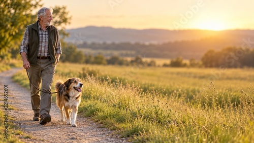 Senior man walking a brown and white dog along a sunlit field path