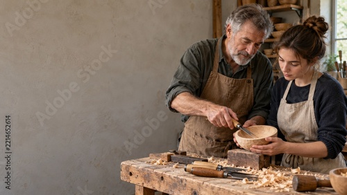 Senior craftsman teaching a young woman to carve a wooden bowl