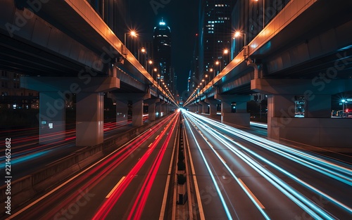 Dynamic city traffic light trails beneath elevated highways creating a futuristic urban transportation scene at night