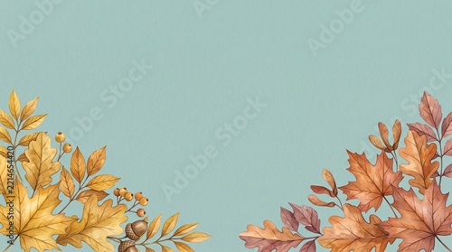 Abstract floral arrangement with vibrant autumn colors against a soft blue background