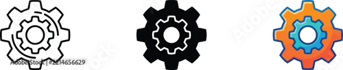 Settings and gear configuration icons in diverse graphic styles with gear icon