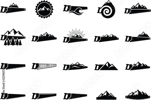 Vintage carpentry woodworking saw logos and mountain forest emblems collection set in black silhouette vector.eps
