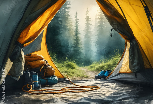 View from inside a tent looking out at a forest trail