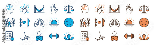 Set of wellness and healthy lifestyle icons including mental health, meditation, exercise, and relaxation, vector illustration
