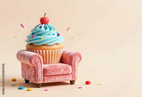 Blue frosted cupcake sitting in a pink velvet armchair