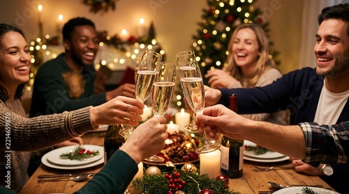 Closeup of friends making a toast with champagne glasses at a festive christmas dinner party