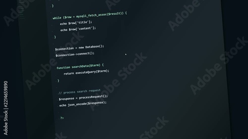 PHP programming code scrolling down rapidly on a dark computer monitor screen in this video clip