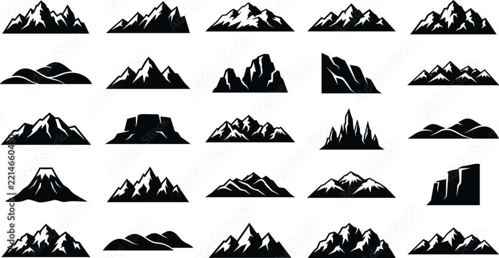 Fototapeta premium Set of various mountain silhouettes, black and white of mountain ranges and peaks, isolated on a white background, landscape