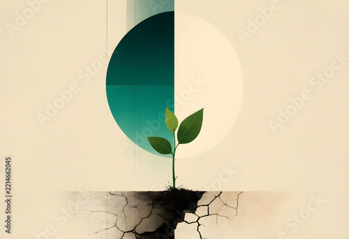 Seedling growing from cracked earth with geometric sun