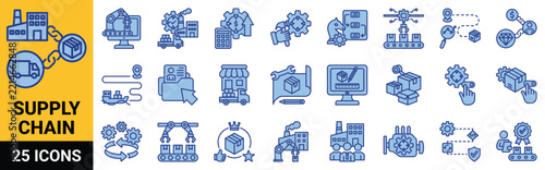 Supply chain icon set in filled line color style, including value, package, product, production, factory, industry, industrial, delivery, distribution, inventory, logistics, management, human resource