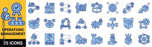 Operations management icon set in filled line color style, including package, product, production, factory, industry, industrial, delivery, distribution, inventory, logistics, management, supply chain
