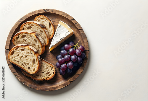 Artisanal bread cheese and grapes on wooden platter