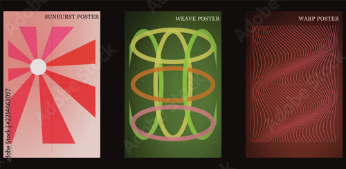 Abstract geometric poster vector set, modern minimalist wall art prints, sunburst weave warp design covers