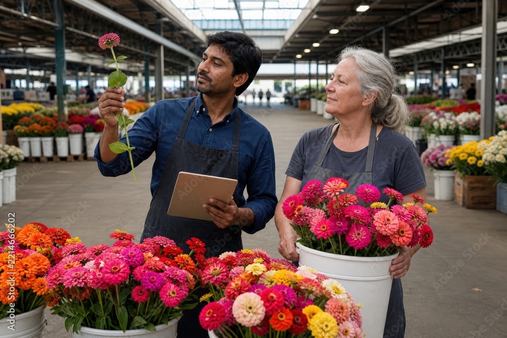 Fototapeta premium Flower Auction Operations - Grading Zinnia Lots in Public Market Lane