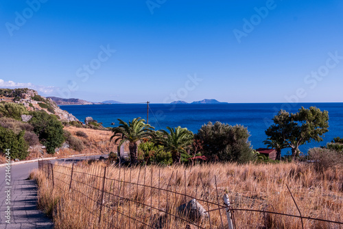 Coastal road above deep blue Mediterranean sea with palm trees