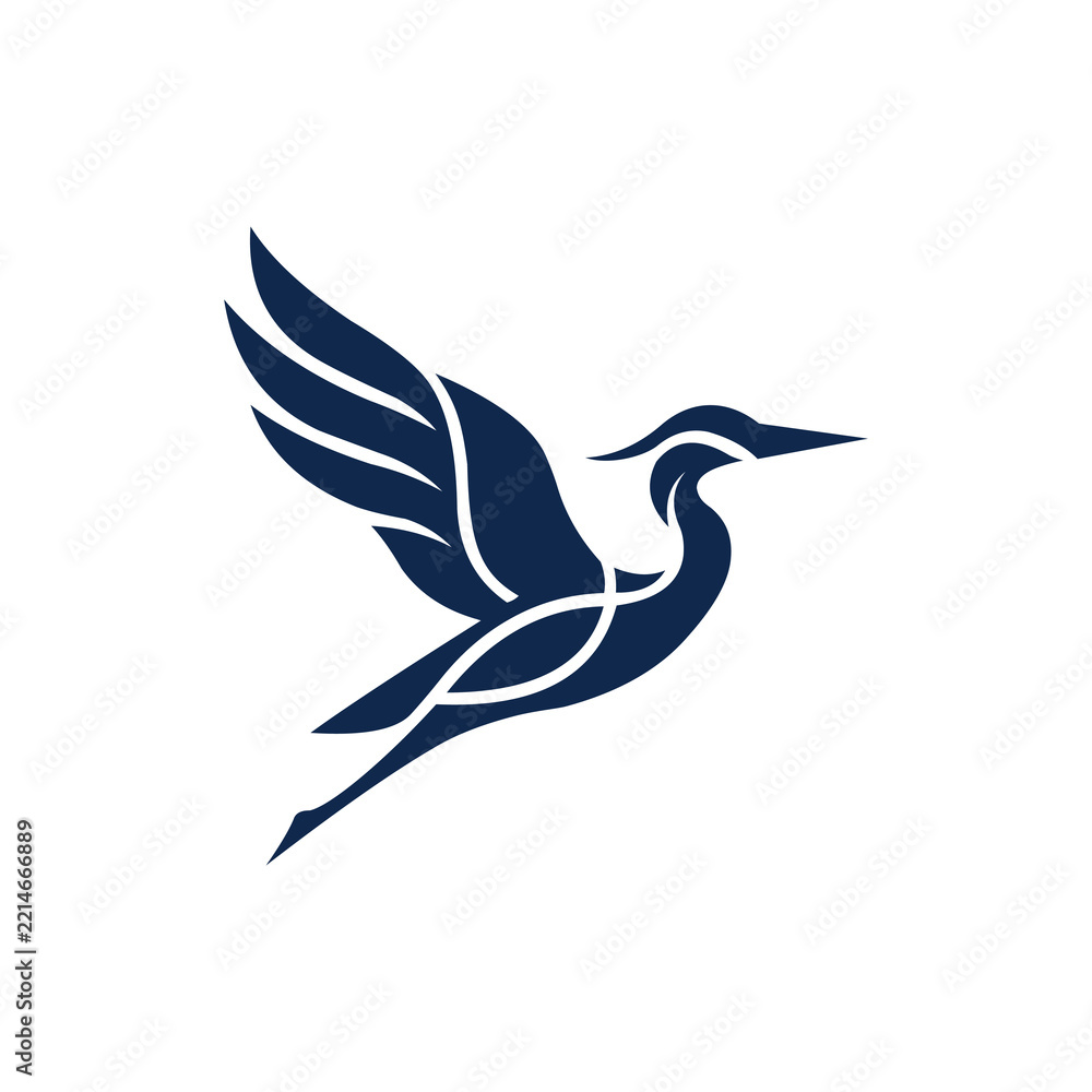Fototapeta premium Elegant Flying Heron Bird Vector Logo, Blue Crane Stork Icon for Luxury Hospitality and Corporate Brand