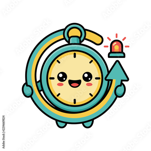 Cute cartoon stopwatch character with smiling face and alarm symbol