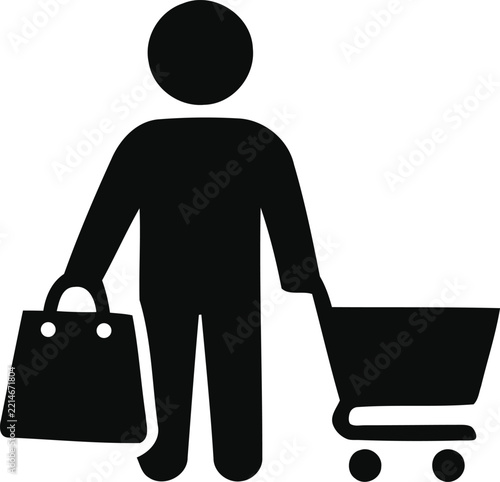 A minimalist black icon of a person shopping with a hand bag and a small push cart