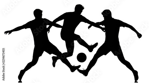 Four people playing soccer together