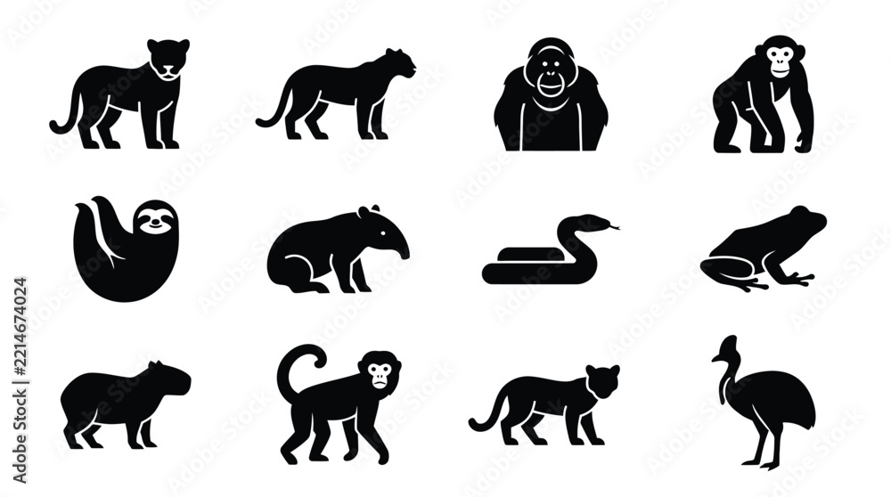Fototapeta premium Black and white animal icons featuring various jungle creatures in silhouette style