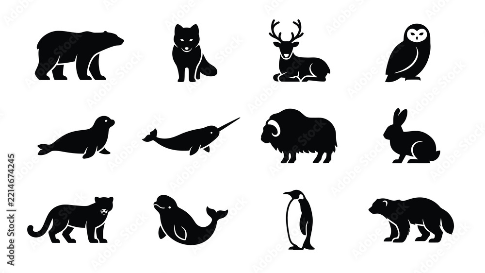 Obraz premium Black and White Silhouette Illustrations Of Various Arctic Wildlife Animals