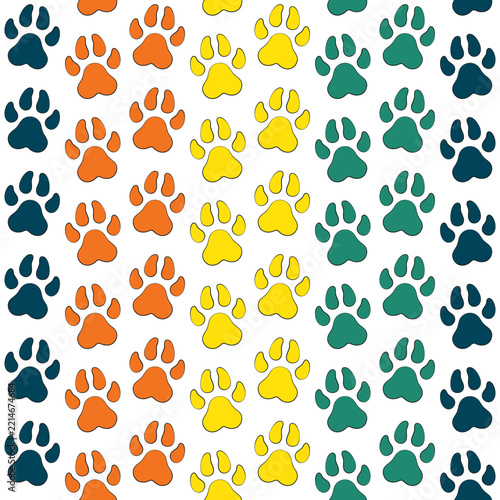 Seamless pattern with cat paw print. Vector colored background.