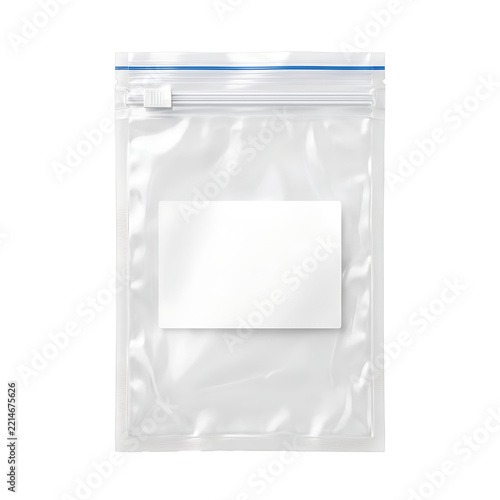 Empty plastic zipper bag with white label isolated on transparent background