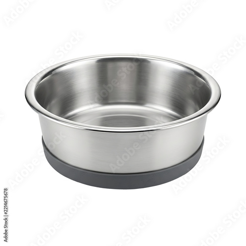Stainless steel pet bowl with a nonslip grey rubber base isolated on transparent background