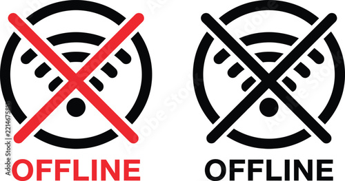 Offline wifi connection icon set with red and black crossed out wireless internet symbols