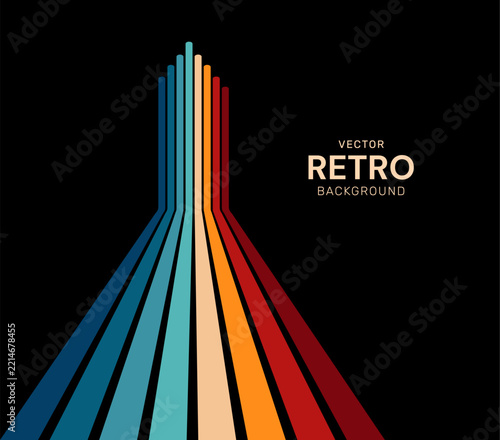 Retro 70s style background with colorful vertical stripes converging into a perspective point
