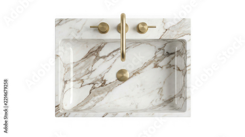 Top view of a luxurious marble bathroom sink with gold faucet and handles, isolated on transparent background