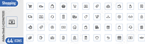 Shopping icons lineart collection vector featuring ecommerce retail online store cart sale fashion payment discount and purchase icons