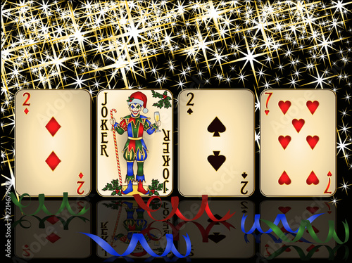 Christmas casino poker cards with joker, New 2027 year, vector illustration